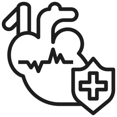 Icon of a heart with a medical shield and pulse line.