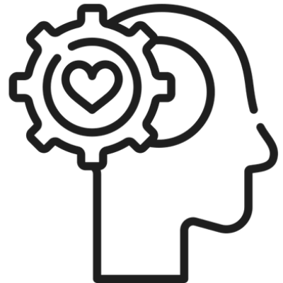 Outline of a head with a gear and heart inside, symbolizing emotional intelligence.