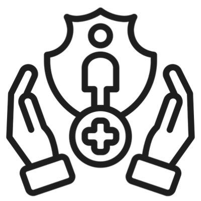 Icon of hands protecting a shield with a person and medical symbol.