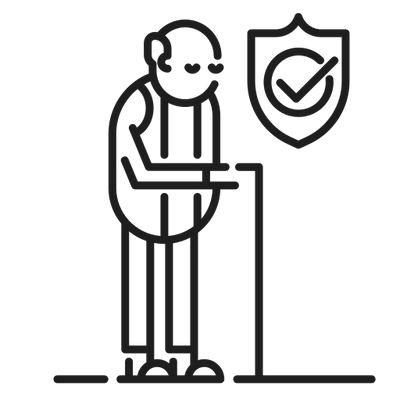 Icon of an elderly person with a cane and a protective shield.