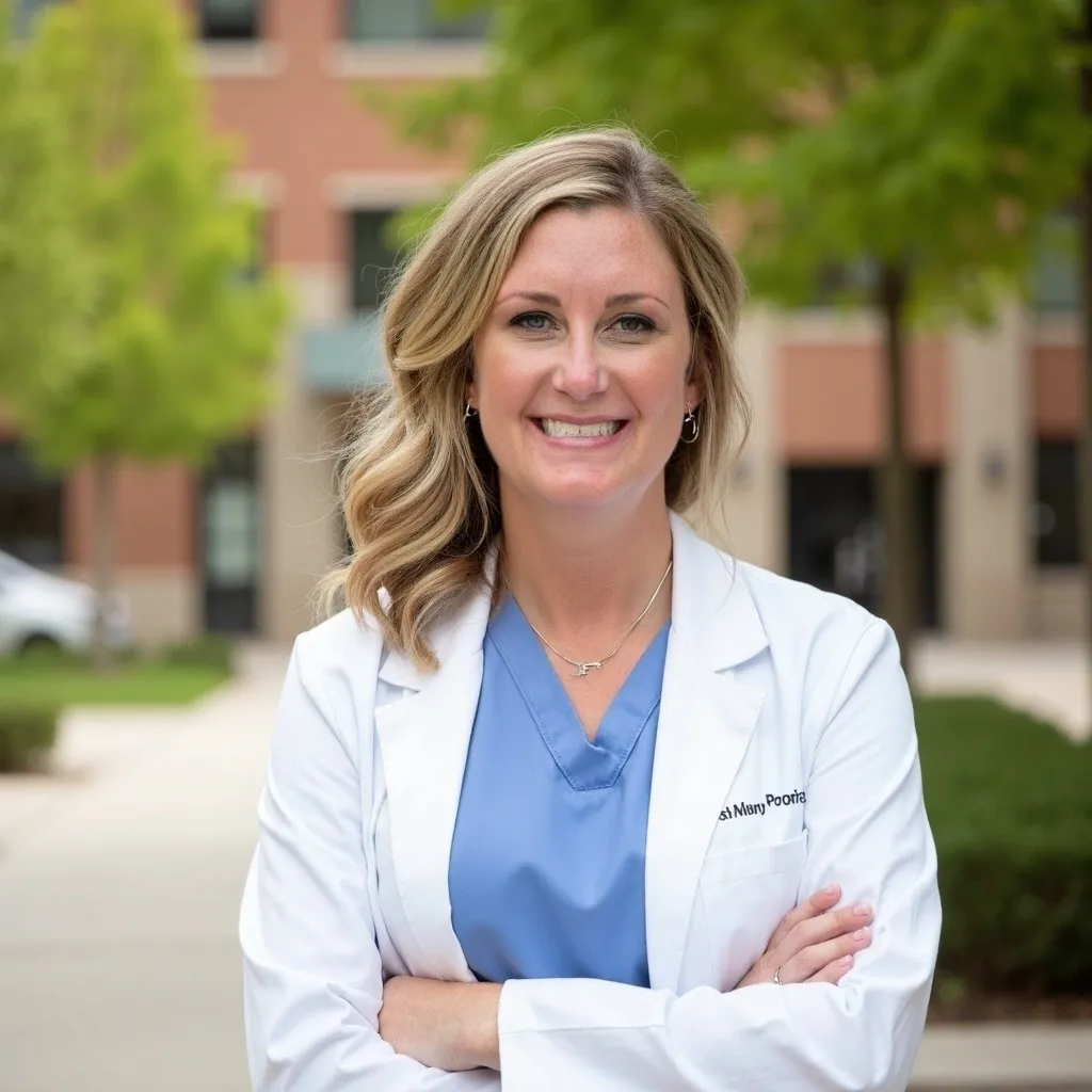 Smiling female doctor in white coat outdoors with arms crossed.